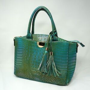 IMOSHION Faux Croc Satchel Teal color with tassels Medium Purse Handbag